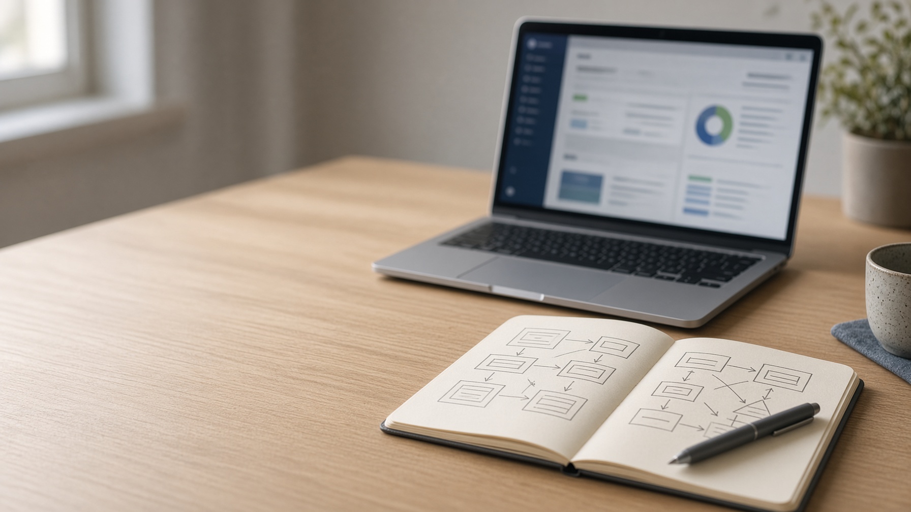 Laptop showing a website dashboard beside a notebook of hand-drawn flow diagrams on a wooden desk