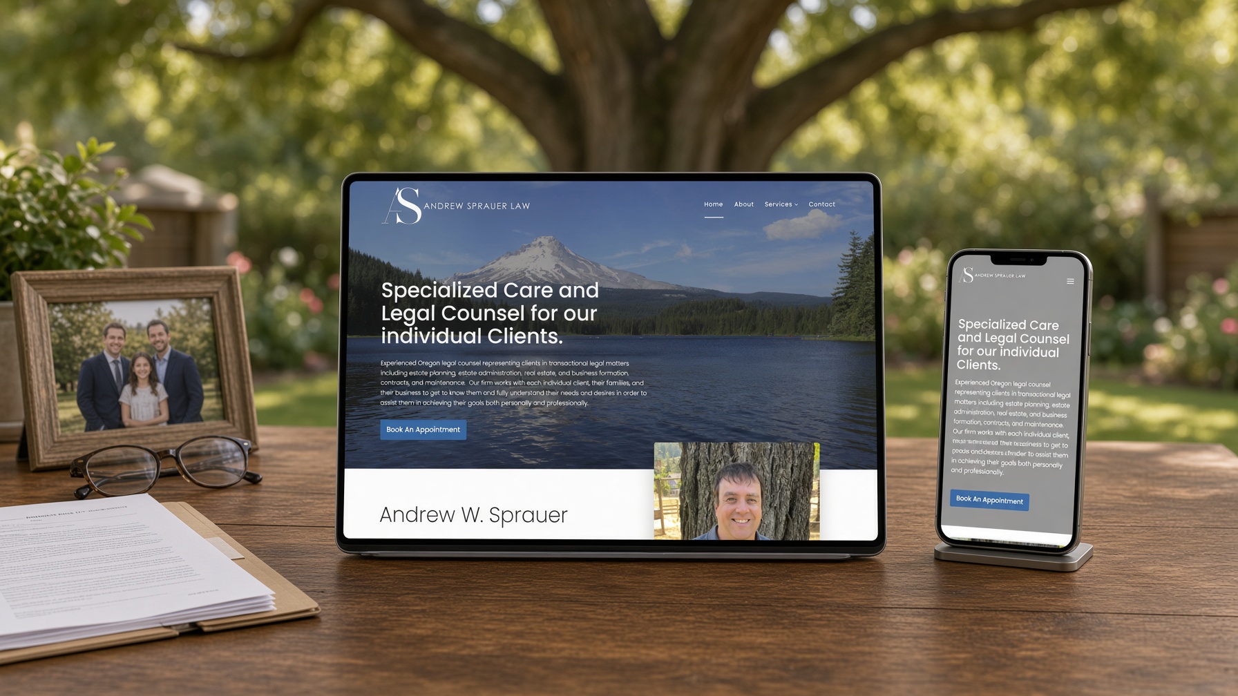 Andrew Sprauer Law website on tablet and phone on a wooden table in a sunlit backyard beside documents and a family photo