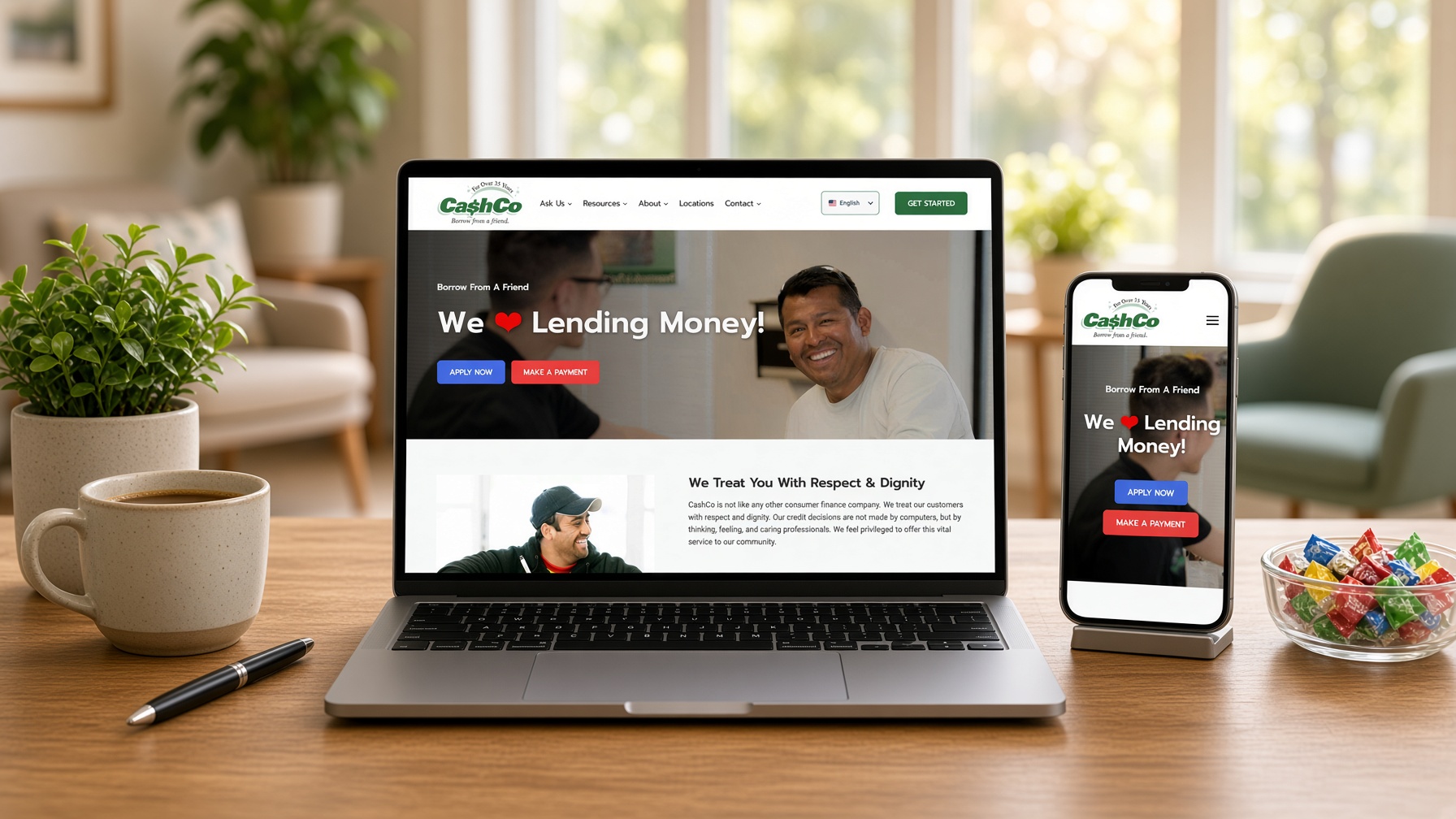 CashCo website on laptop and phone on a friendly lending office desk with a plant, coffee and candy dish