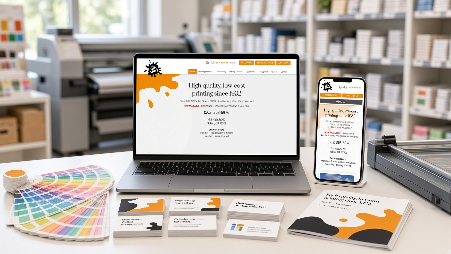The Ink Spot website on laptop and phone on a print shop counter with color swatches, business cards and brochures